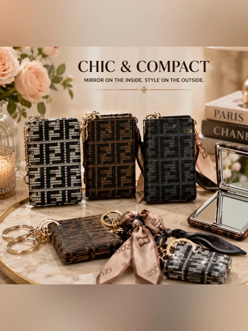 Chic Compact Mirror Bag charm -  Black, Brown, Gray